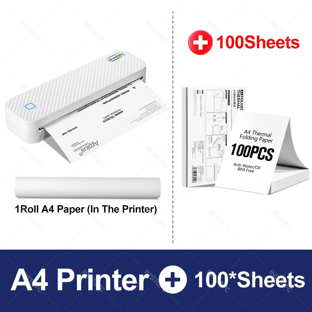 Portable A4 Thermal Printer Bluetooth Photos PDF Document Printing Machine Folded Rolls Paper for Office Work Home School Travel