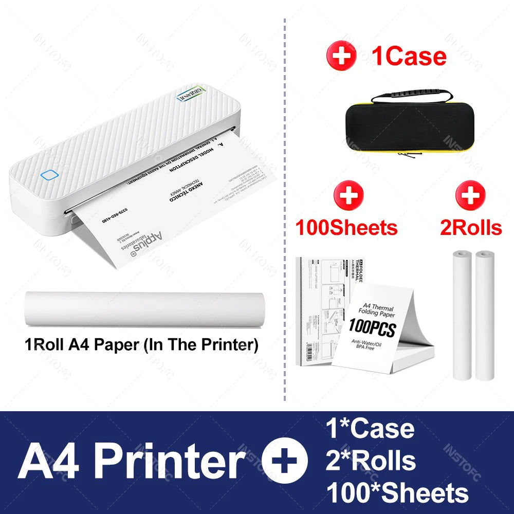 Portable A4 Thermal Printer Bluetooth Photos PDF Document Printing Machine Folded Rolls Paper for Office Work Home School Travel